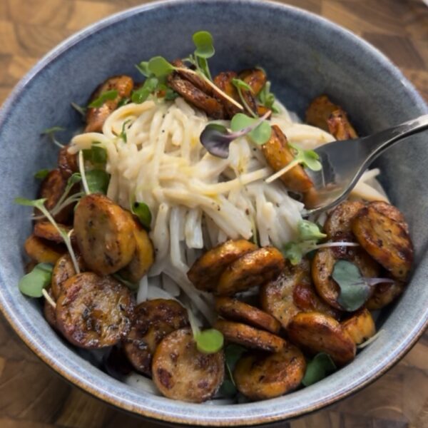 healthy alfredo pasta with organic chicken sausage